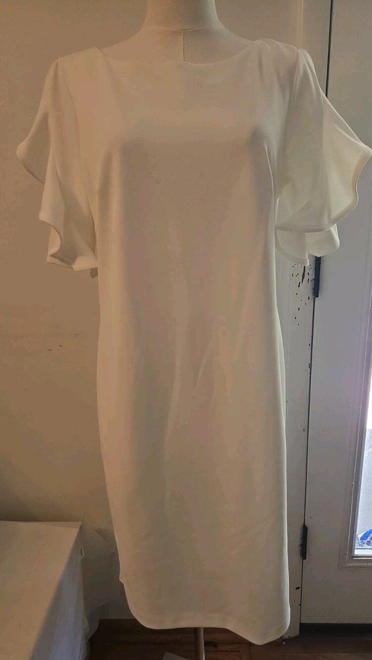 Calvin Klein Women's White Flutter Sleeve Sheath Lined Dress Size 12